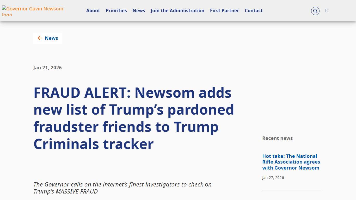 FRAUD ALERT: Newsom adds new list of Trump’s pardoned fraudster friends to Trump Criminals tracker Governor of California